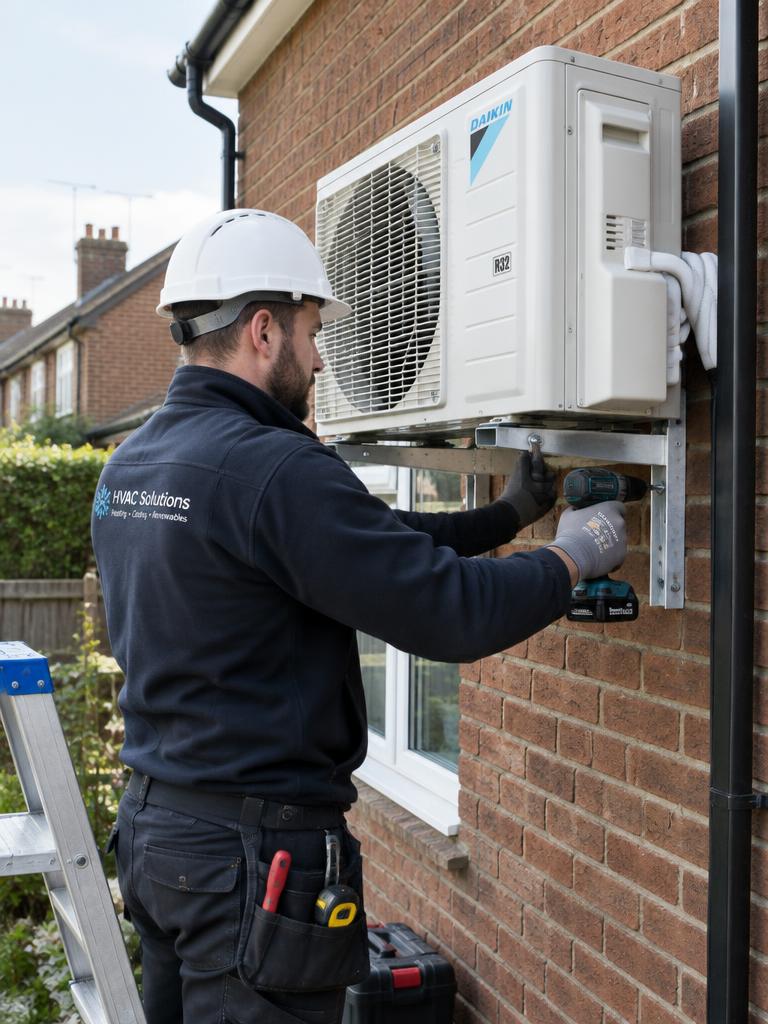 Engineer installing an outdoor air conditioning unit