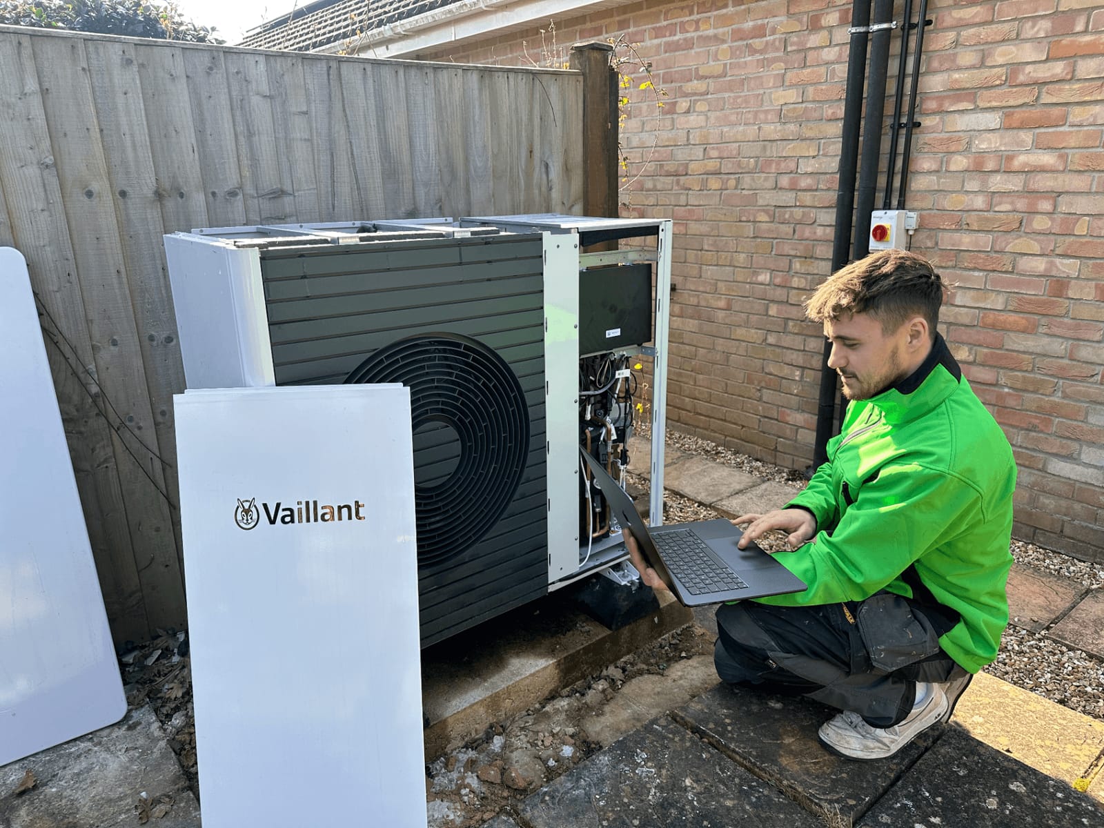 Solwat engineer commissioning a Vaillant air source heat pump